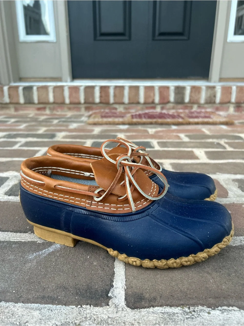 LL Bean Duck Boot Shoes Navy Blue Tan Leather Classic Rain Winter USA 6
